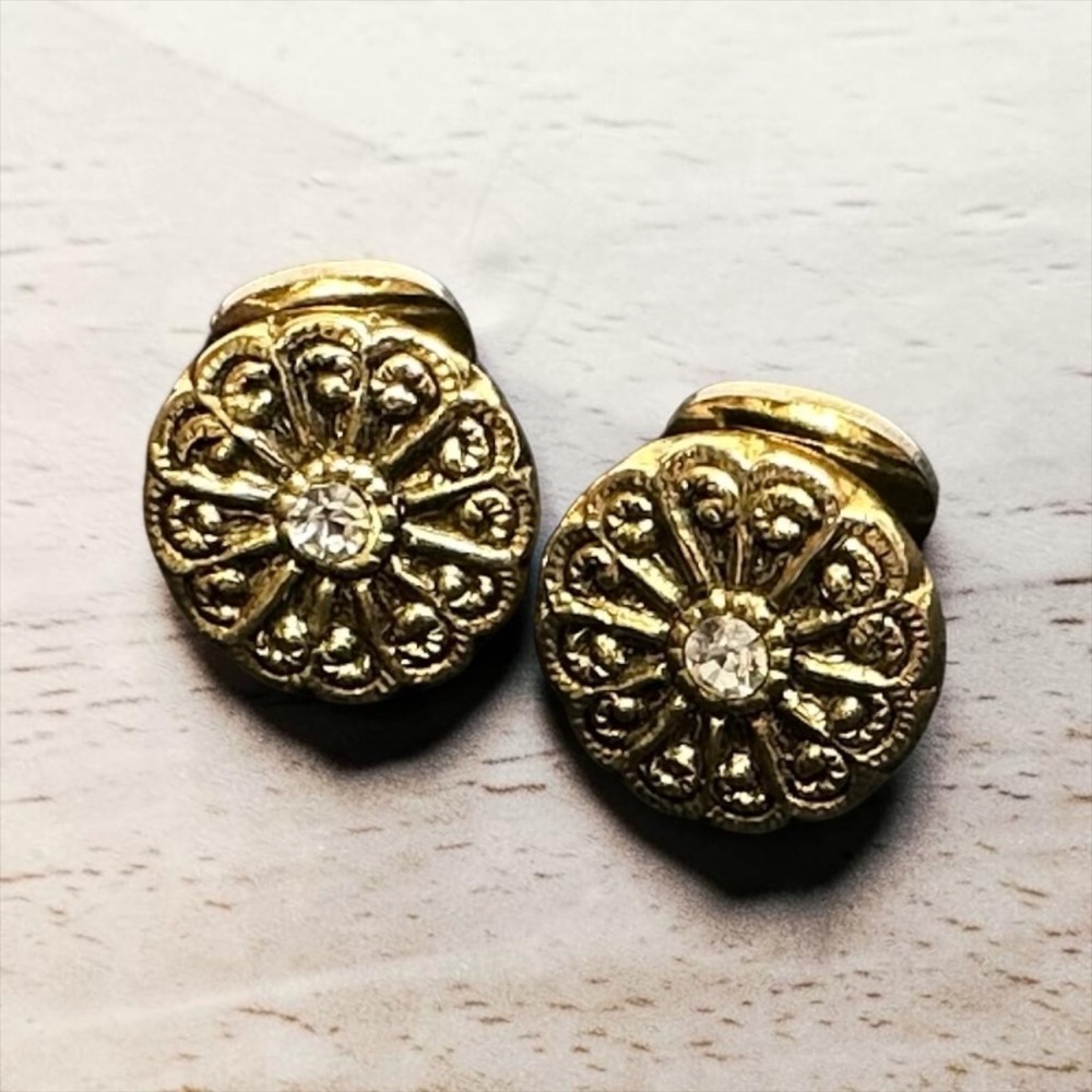 Gold Tone Rhinestone Floral Rosette Clip On Earrings
